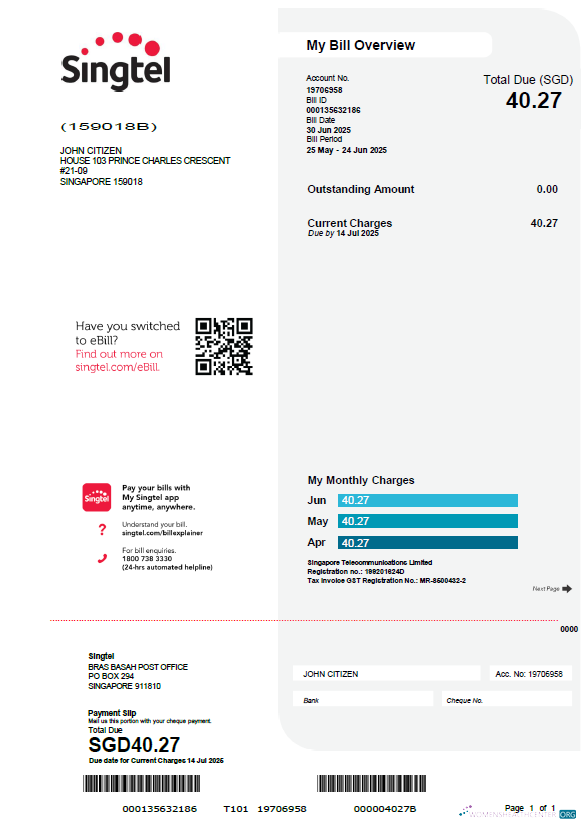 download download Singapore Singtel utility bill template in Word and PDF formats PDF template PDF template